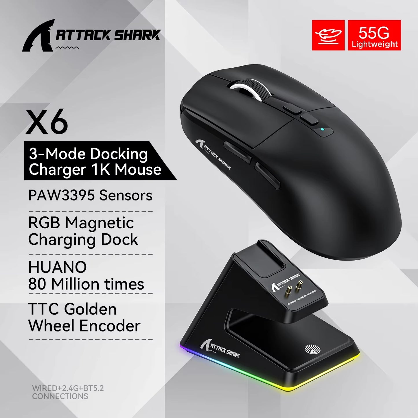 X6 PAW3395 Bluetooth Mouse,Tri-Mode Connection,Rgb Touch Magnetic Charging Base,Macro Gaming Mouse