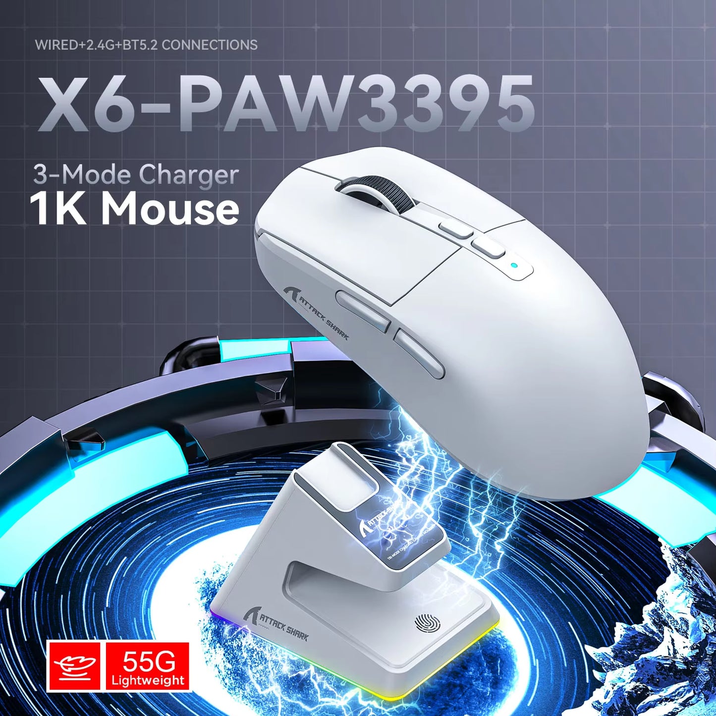 X6 PAW3395 Bluetooth Mouse,Tri-Mode Connection,Rgb Touch Magnetic Charging Base,Macro Gaming Mouse