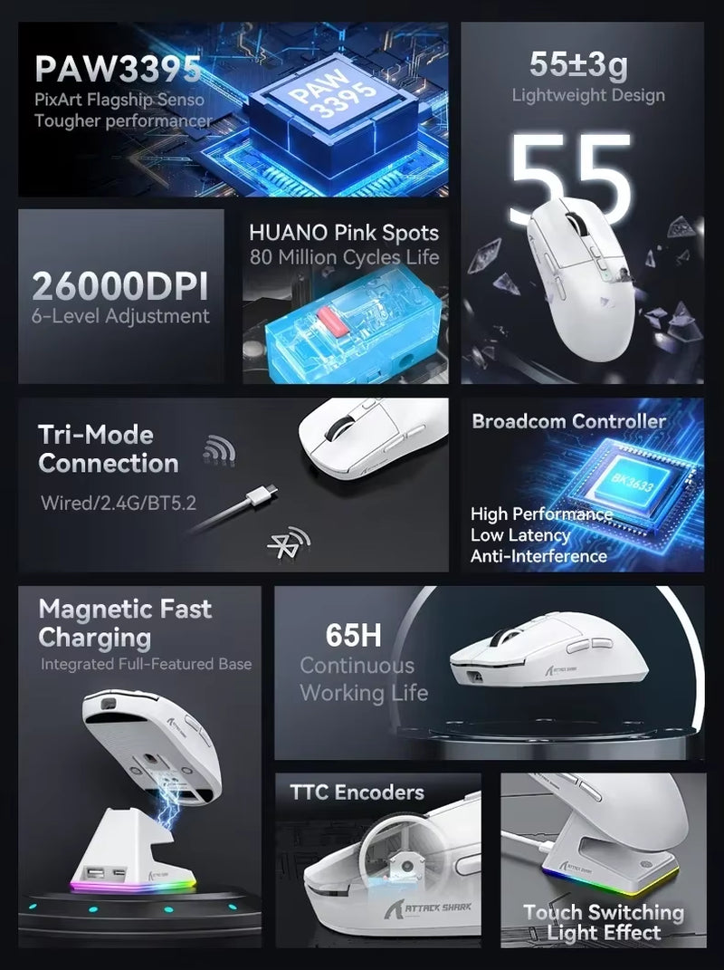 X6 PAW3395 Bluetooth Mouse,Tri-Mode Connection,Rgb Touch Magnetic Charging Base,Macro Gaming Mouse