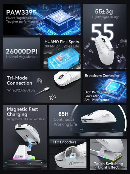 X6 PAW3395 Bluetooth Mouse,Tri-Mode Connection,Rgb Touch Magnetic Charging Base,Macro Gaming Mouse