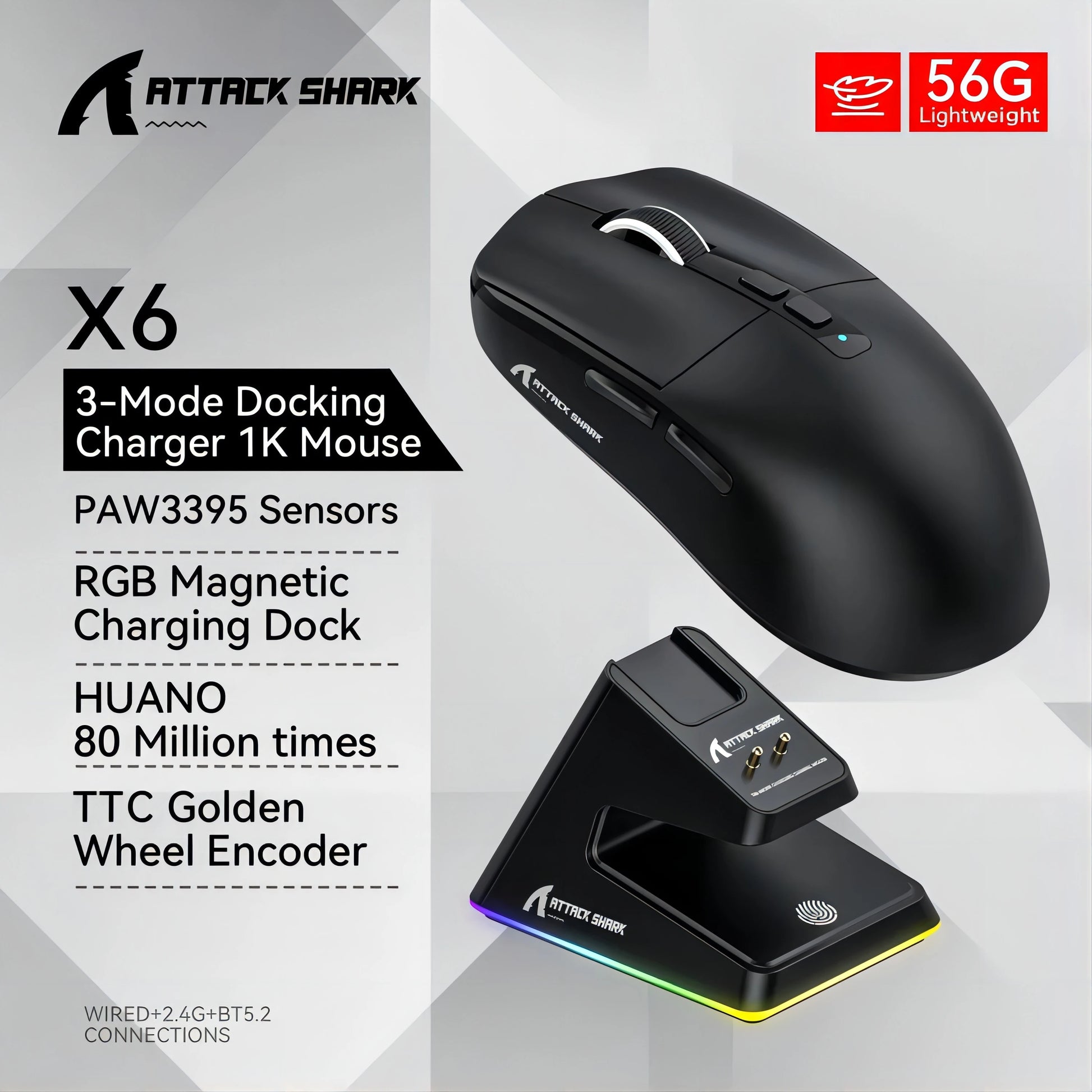 X6 PAW3395 Bluetooth Mouse,Tri-Mode Connection,Rgb Touch Magnetic Charging Base,Macro Gaming Mouse