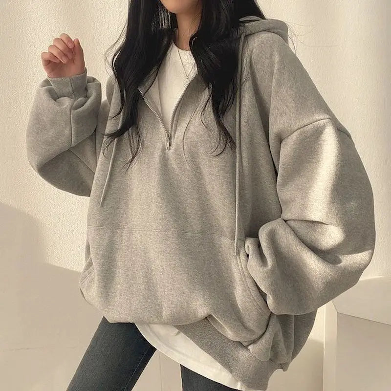 Oversized Hoodie with Zipper for Women, Monochrome Sweatshirts, Casual Hoodies, Essential for Female, Korean Fashion, 2023