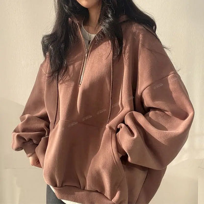 Oversized Hoodie with Zipper for Women, Monochrome Sweatshirts, Casual Hoodies, Essential for Female, Korean Fashion, 2023