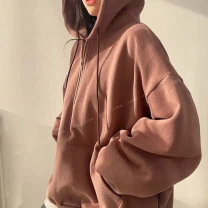 Oversized Hoodie with Zipper for Women, Monochrome Sweatshirts, Casual Hoodies, Essential for Female, Korean Fashion, 2023