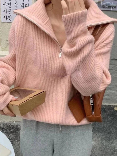 Women'S Turtleneck Zippers Fashion Women Sweaters Solid Loose Pullover Long Sleeve Casual Knitted Sweater Woman Winter 2024