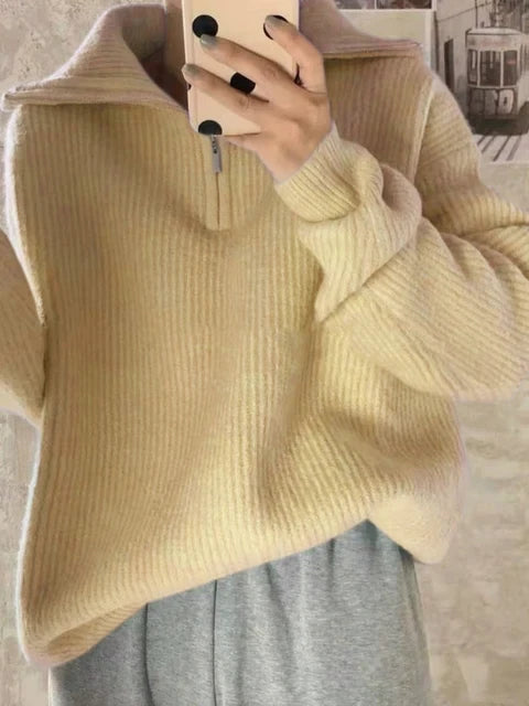 Women'S Turtleneck Zippers Fashion Women Sweaters Solid Loose Pullover Long Sleeve Casual Knitted Sweater Woman Winter 2024