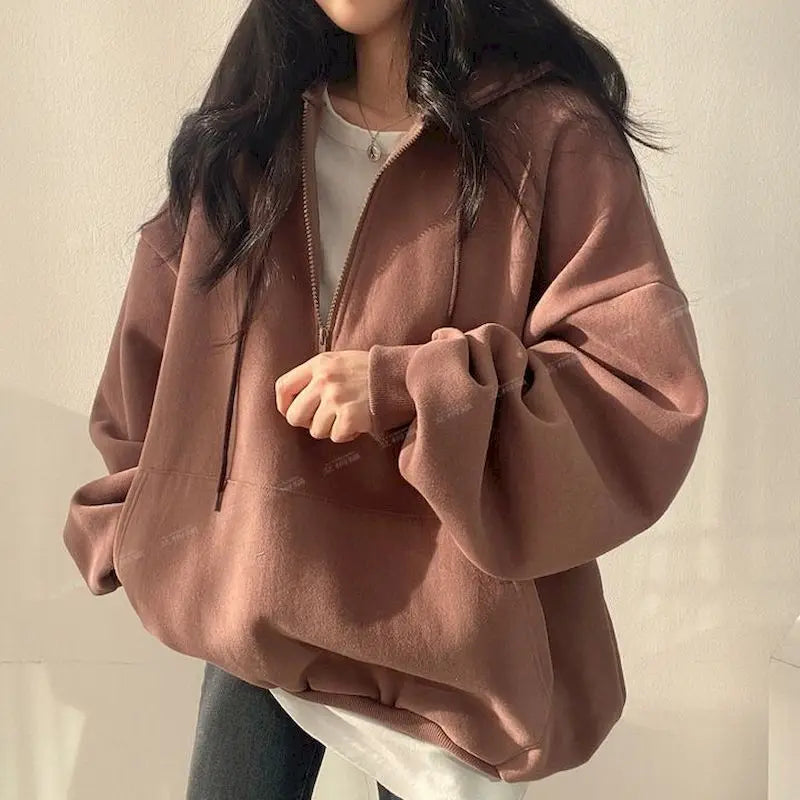 Oversized Hoodie with Zipper for Women, Monochrome Sweatshirts, Casual Hoodies, Essential for Female, Korean Fashion, 2023