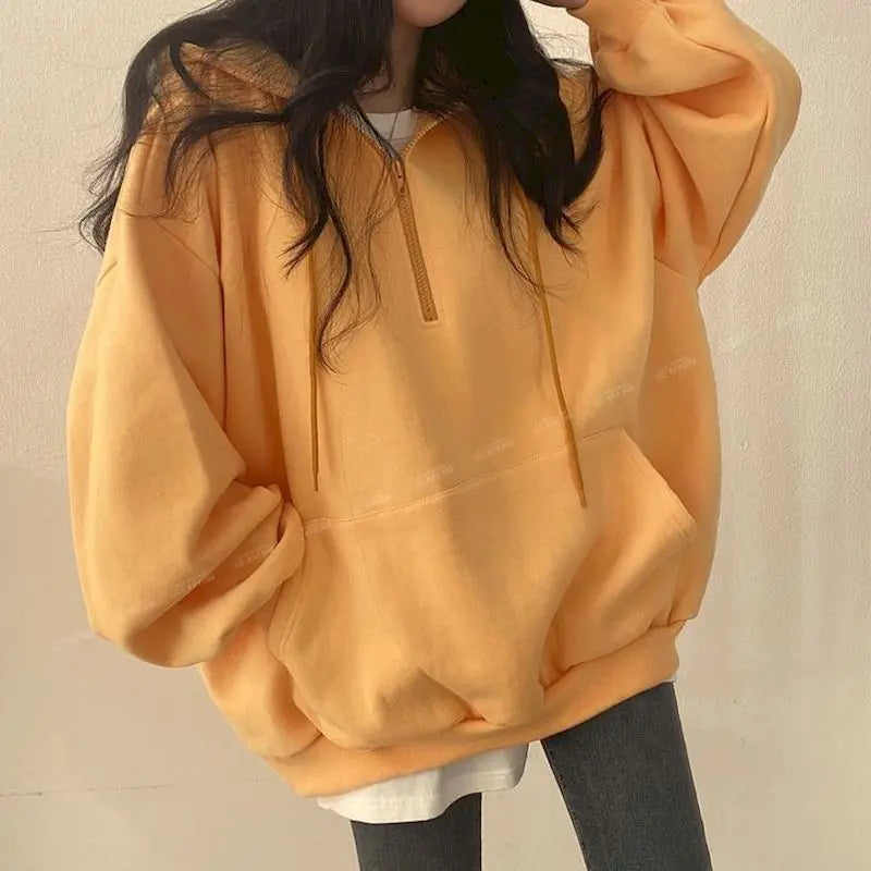 Oversized Hoodie with Zipper for Women, Monochrome Sweatshirts, Casual Hoodies, Essential for Female, Korean Fashion, 2023