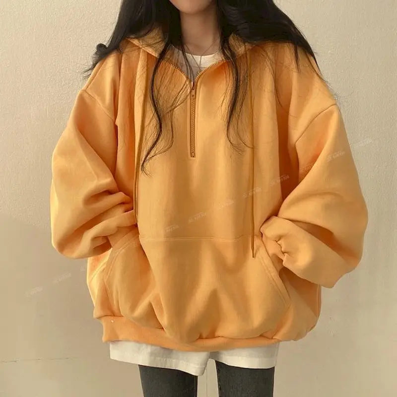 Oversized Hoodie with Zipper for Women, Monochrome Sweatshirts, Casual Hoodies, Essential for Female, Korean Fashion, 2023