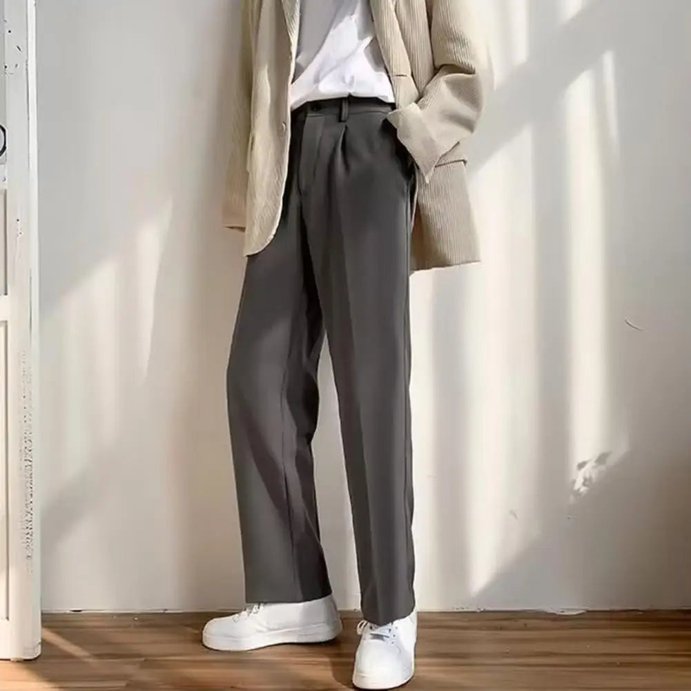 Solid Color Casual Pants Men Regular Fit Trousers Elegant Men'S Wide Leg Suit Pants with Side Pockets Formal Business Style