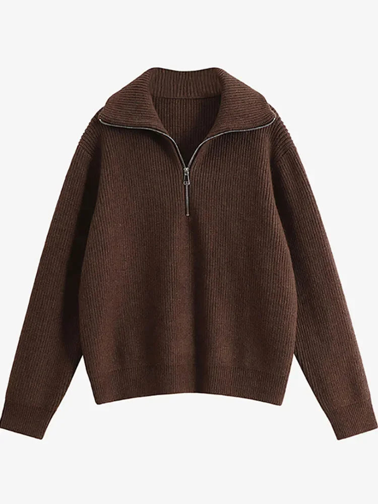 Women'S Turtleneck Zippers Fashion Women Sweaters Solid Loose Pullover Long Sleeve Casual Knitted Sweater Woman Winter 2024