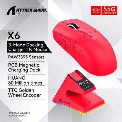 X6 PAW3395 Bluetooth Mouse,Tri-Mode Connection,Rgb Touch Magnetic Charging Base,Macro Gaming Mouse