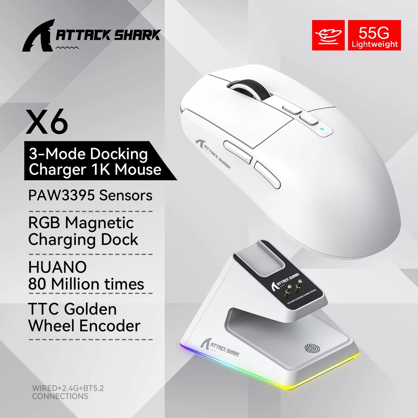 X6 PAW3395 Bluetooth Mouse,Tri-Mode Connection,Rgb Touch Magnetic Charging Base,Macro Gaming Mouse